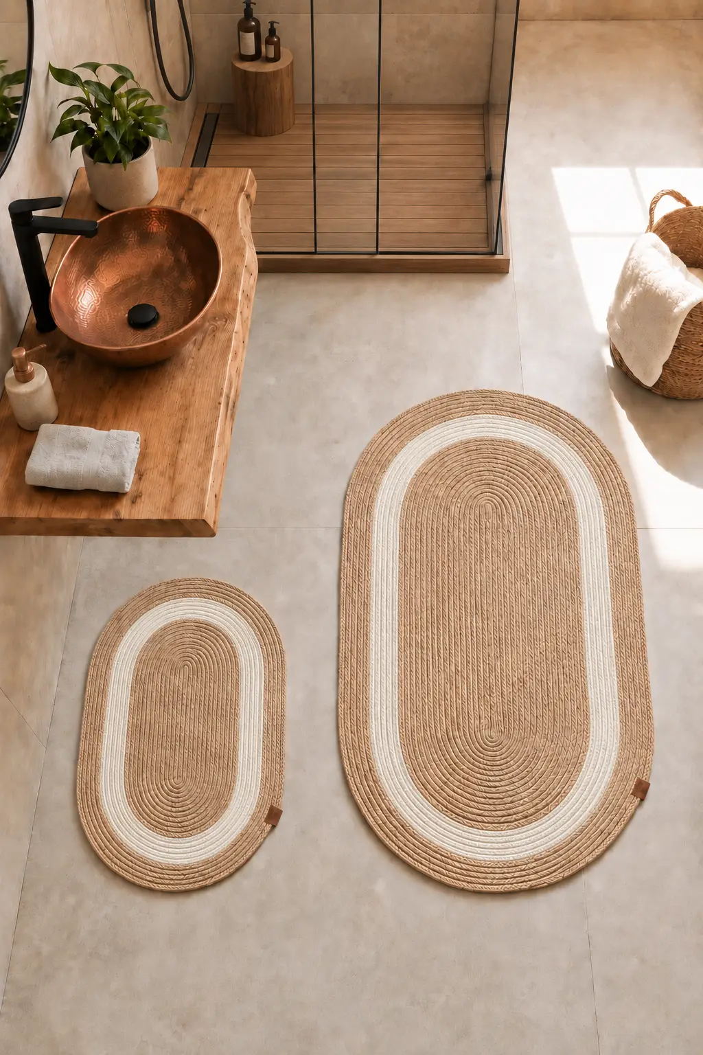 Jüt ve Hasır Paspas, Banyo Paspas Takımı, 2'li Set 60x100cm ve 40x60cm, Su Emici, Oval Halı - Bej/Krem