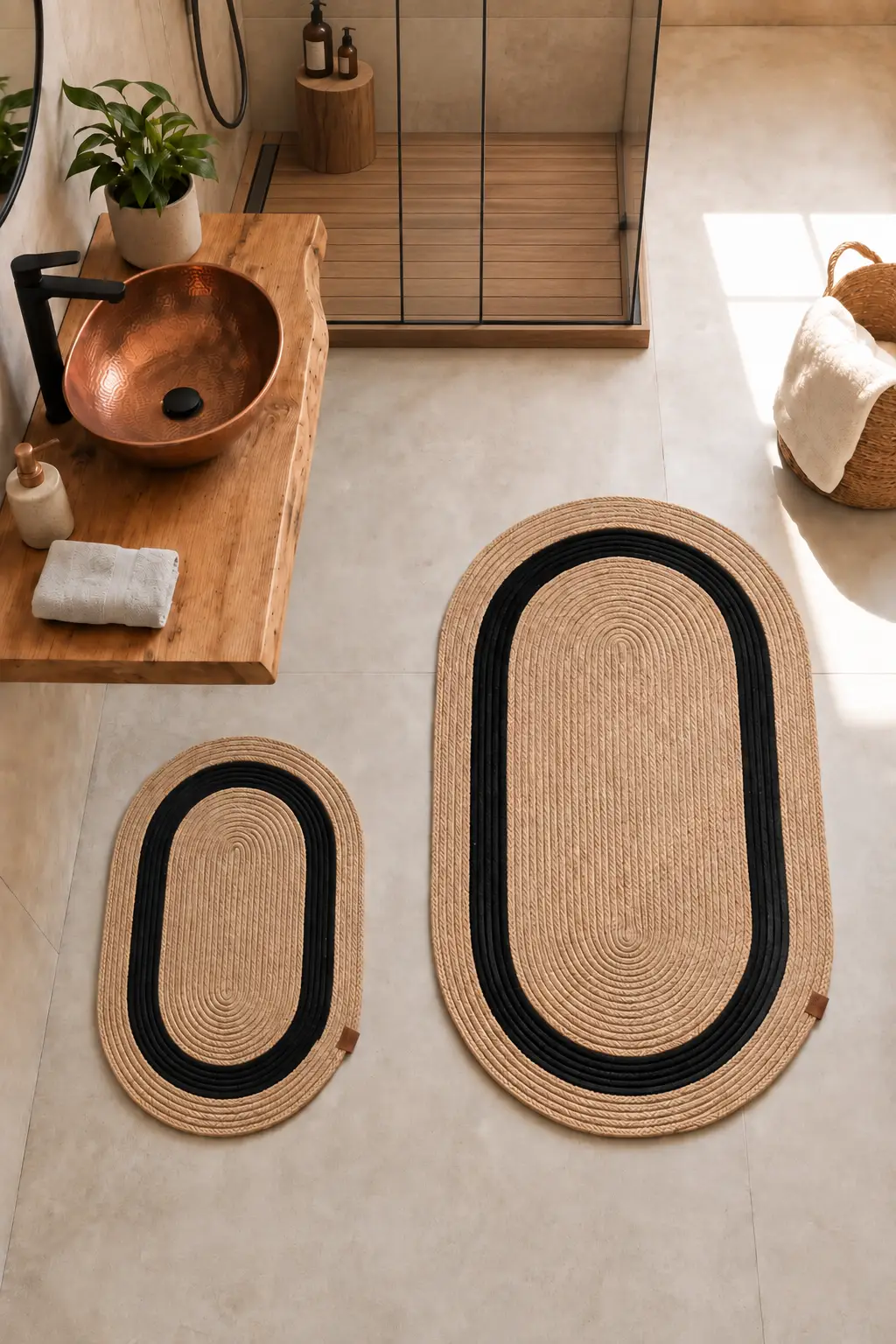 Jüt ve Hasır Paspas, Banyo Paspas Takımı, 2'li Set 60x100cm ve 40x60cm, Su Emici, Oval Halı - Bej/Siyah
