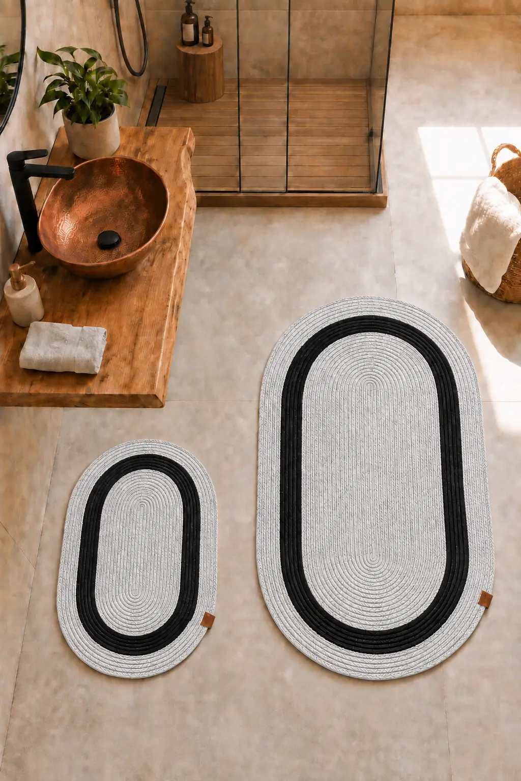 Jüt ve Hasır Paspas, Banyo Paspas Takımı, 2'li Set 60x100cm ve 40x60cm, Su Emici, Oval Halı - Gri/Siyah