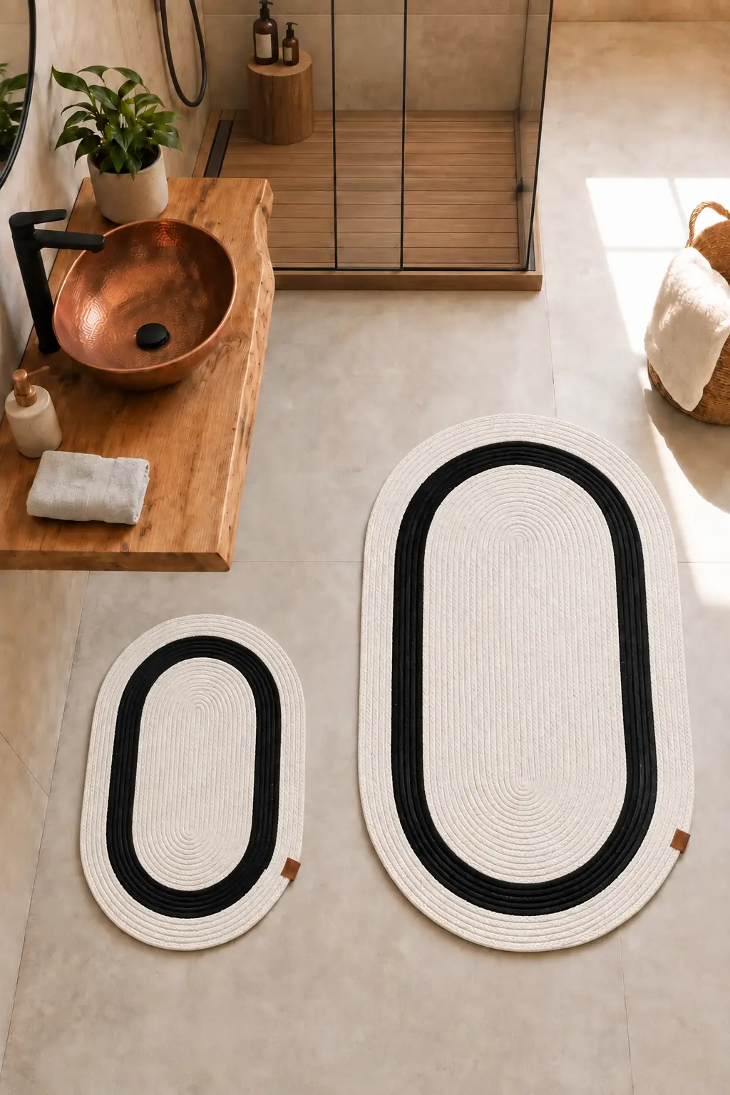Jüt ve Hasır Paspas, Banyo Paspas Takımı, 2'li Set 60x100cm ve 40x60cm, Su Emici, Oval Halı - Krem/Siyah