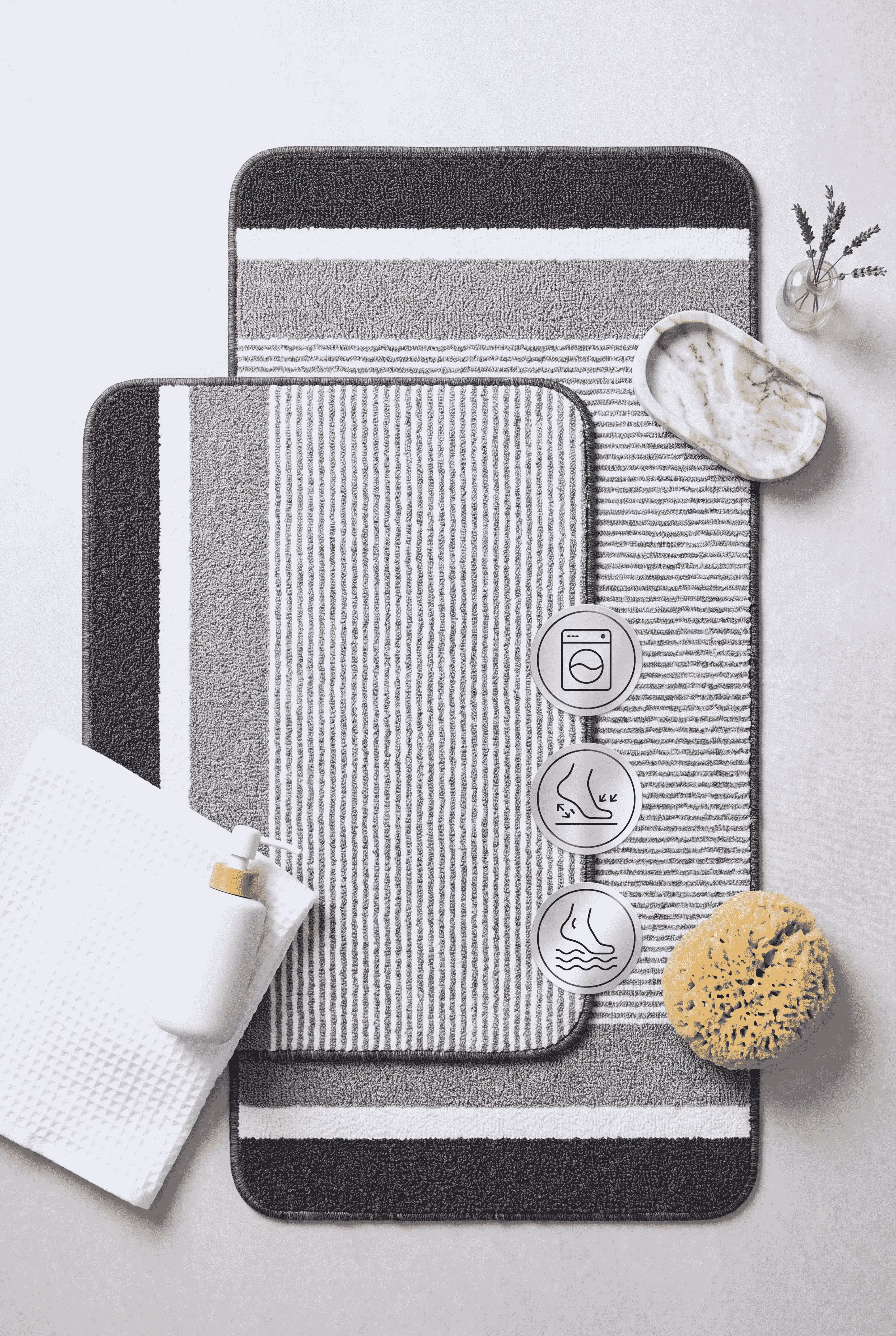 ECO Banyo Paspası, 60x100 ve 50x60cm, 2'li Banyo Seti, Bukleli Dokuma Paspas, Su Emici, Yıkanabilir - Gri/Krem/Antrasit