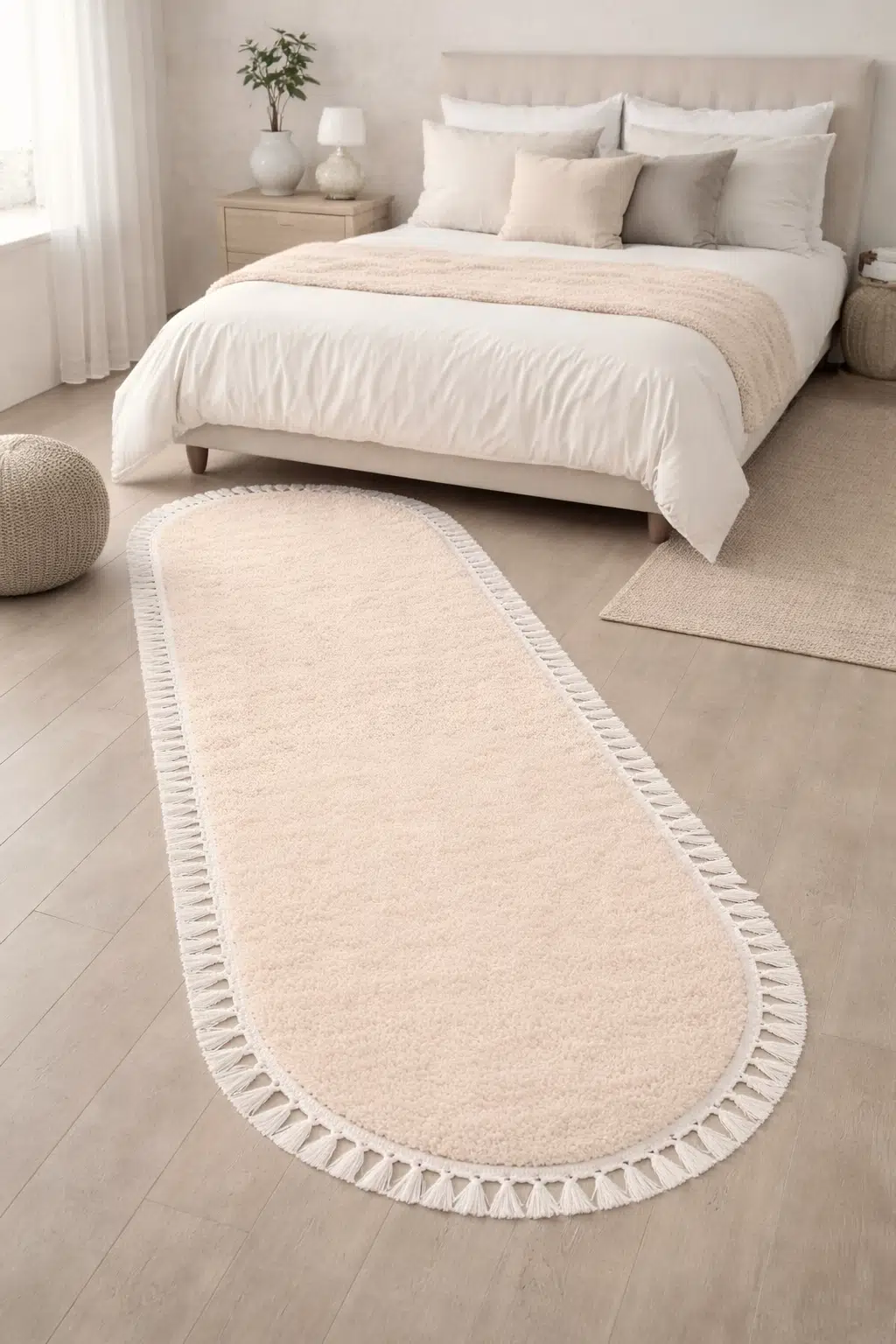 Akrilik Püsküllü Oval Kesim Post Peluş Yumuşak Tavşan Tüylü Yıkanabilir ve Kaymaz Tabanlı Halı - Bej/Bej