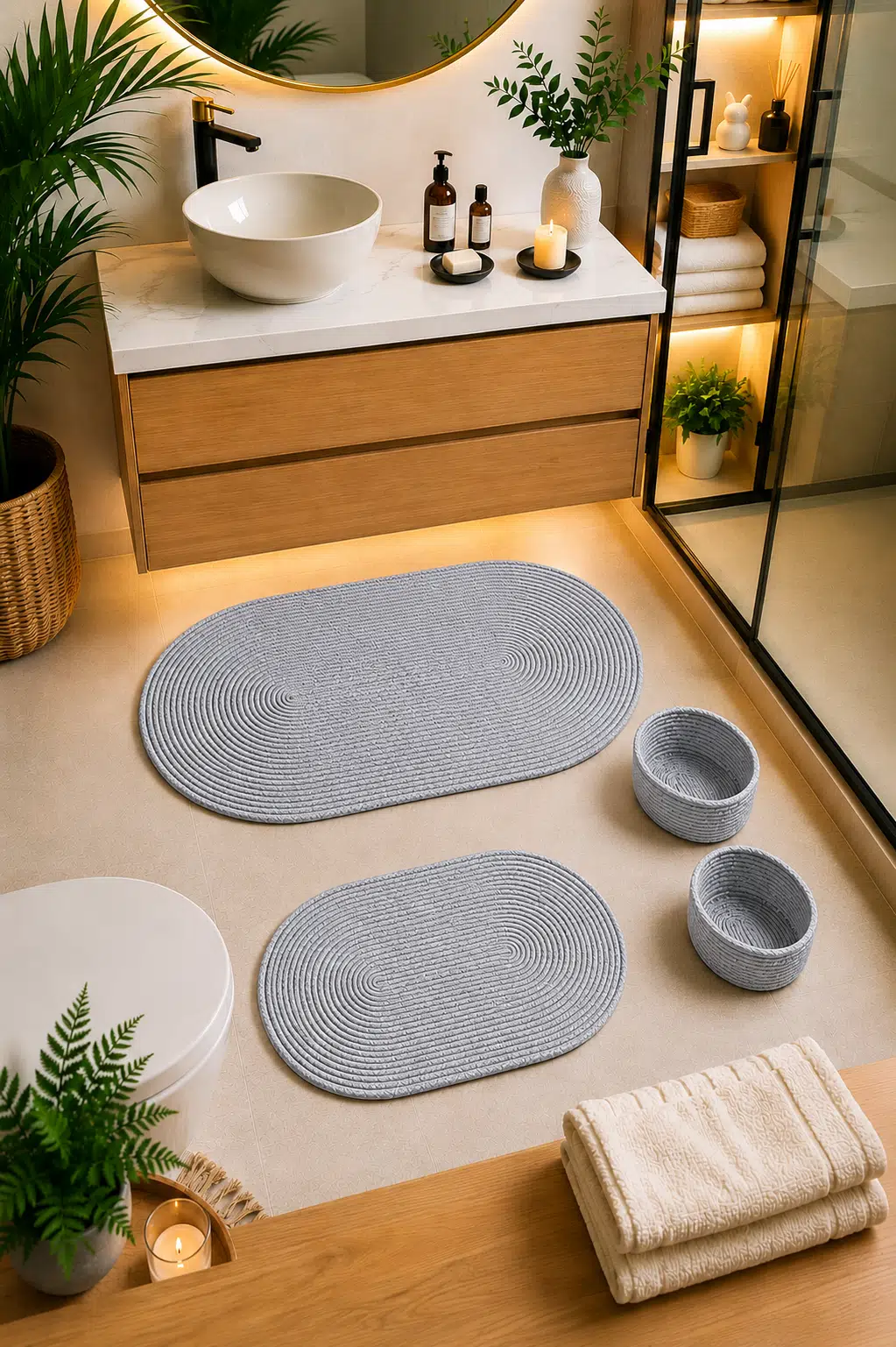 Jüt Örgülü ve Yıkanabilir 4 Parçalı Banyo Paspas ve Sepet Takımı,60x100cm/40x60cm/2 Adet Sepet - Gri/Gri