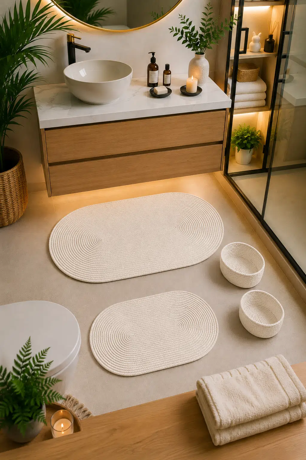 Jüt Örgülü ve Yıkanabilir 4 Parçalı Banyo Paspas ve Sepet Takımı,60x100cm/40x60cm/2 Adet Sepet - Krem/Krem(1)